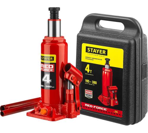 STAYER RED FORCE, в кейсе, 4 т, 195 - 380 мм, бутылочный гидравлический домкрат, Professional (43160-4-K)
