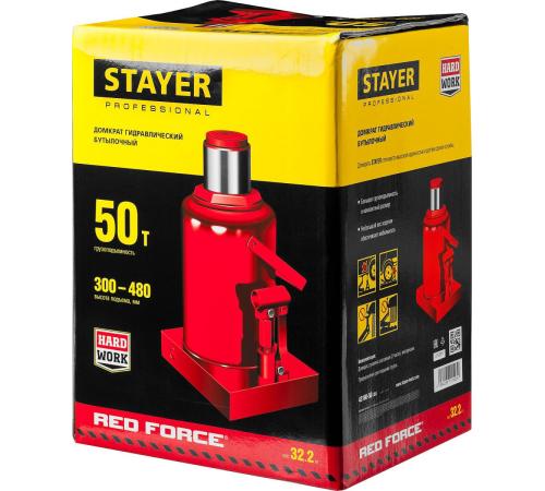 STAYER RED FORCE, 50 т, 300 - 480 мм, бутылочный гидравлический домкрат, Professional (43160-50)