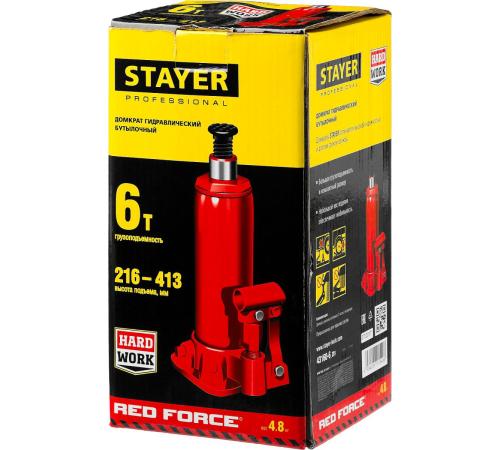 STAYER RED FORCE, 6 т, 216 - 413 мм, бутылочный гидравлический домкрат, Professional (43160-6)