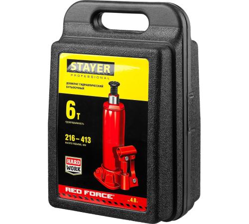 STAYER RED FORCE, в кейсе, 6 т, 216 - 413 мм, бутылочный гидравлический домкрат, Professional (43160-6-K)