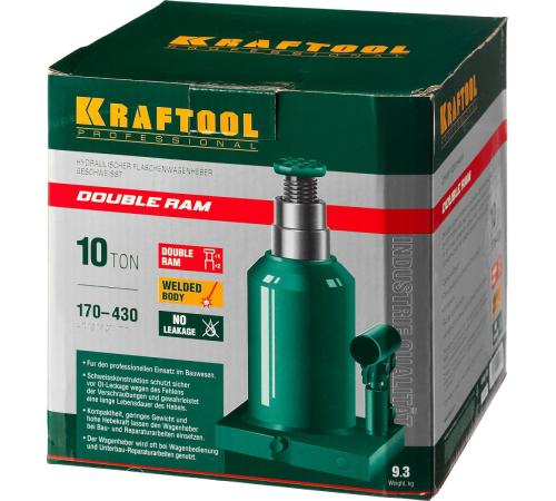 KRAFTOOL DOUBLE RAM, 10 т, 170 - 430 мм, с увеличенным подъемом, двухштоковый бутылочный домкрат (43463-10)