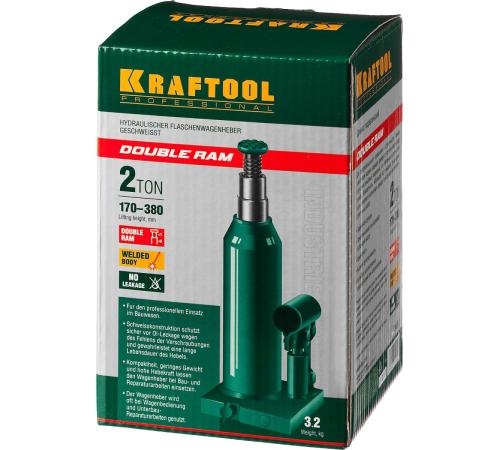 KRAFTOOL DOUBLE RAM, 2 т, 170 - 380 мм, с увеличенным подъемом, двухштоковый бутылочный домкрат (43463-2)