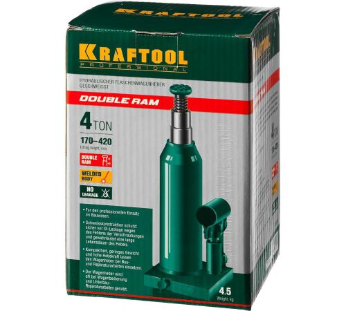 KRAFTOOL DOUBLE RAM, 4 т, 170 - 420 мм, с увеличенным подъемом, двухштоковый бутылочный домкрат (43463-4)