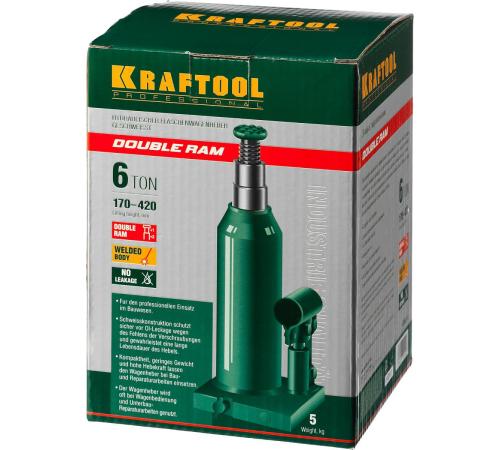 KRAFTOOL DOUBLE RAM, 6 т, 170 - 420 мм, с увеличенным подъемом, двухштоковый бутылочный домкрат (43463-6)