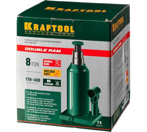KRAFTOOL DOUBLE RAM, 8 т, 170 - 430 мм, с увеличенным подъемом, двухштоковый бутылочный домкрат (43463-8)