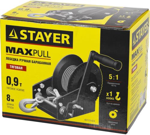 STAYER MAXPull, 0.9 т, 8 м, ручная барабанная тросовая лебедка (43112-0.9)