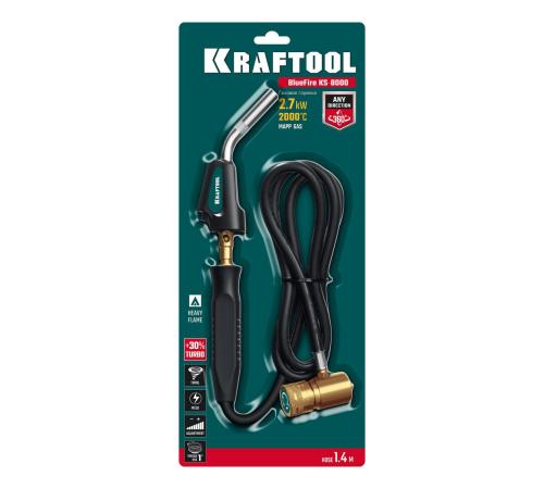 KRAFTOOL KS-8000, со шлангом 1.4м с пьезоподжигом на баллон турбо нагрев + 30% 2000°C, Газовая горелка Blue Fire (55512)