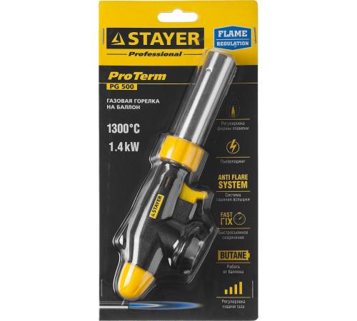 STAYER ProTerm PG 500, 1300°C, увеличенный выход пламени, газовая горелка с пьезоподжигом на баллон с цанговым соединением, Professional (55580)