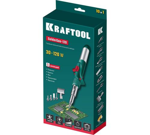 KRAFTOOL SolderGas, 120 K, 30 - 120 Вт, 1300°С, горелка, фен, пьезоподжиг, набор 10 в 1, газовый паяльник (55503-H10)