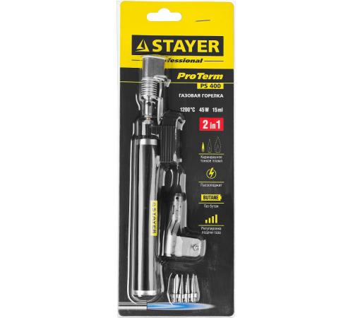 STAYER PS 400, 45 Вт, 1200°С, в наборе: 5 в 1, пьезоподжиг, горелка, фен, 4 жала, газовый паяльник, Professional(55505-H6)