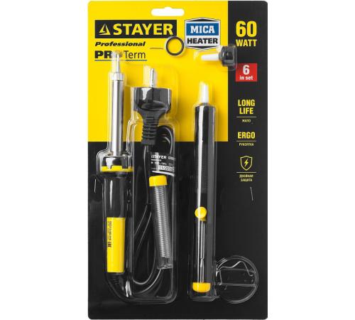 STAYER PROTerm, 60Вт, 2к рукоятка, конус, подставка+припой+сменн жало+оловоотсос+сменн насадка, набор для паяльных работ, Professional (55313-60-H6)