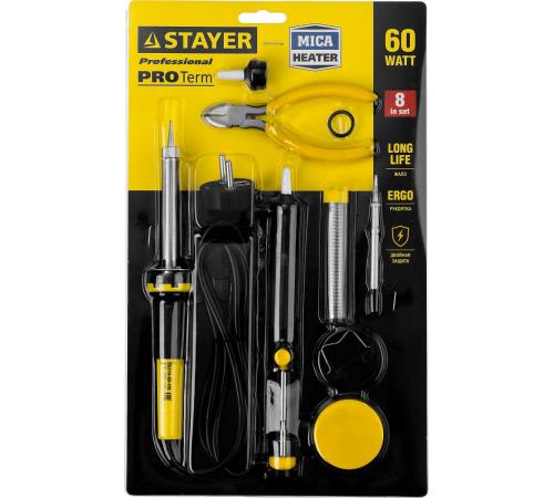 STAYER PROTerm, 60Вт, 2к рукоят, конус, подставка+припой+сменн жало+оловоотсос+сменн насадка+канифоль+кусачки, паял набор, Professional (55314-60-H8)