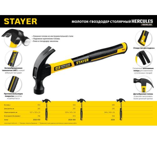 STAYER Hercules, 450 г, молоток-гвоздодёр столярный с фиберглассовой рукояткой, Professional (2026-450)