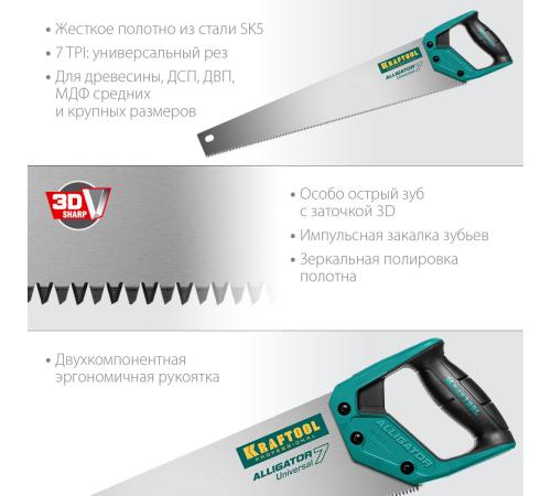 KRAFTOOL Alligator Universal 7, 550 мм, 7 TPI, 3D зуб, универсальная ножовка (15004-55)