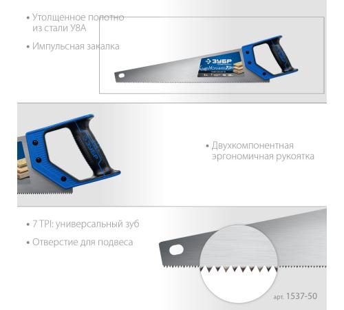 ЗУБР Молния-7, 500 мм, 7TPI, универсальная ножовка, Профессионал (1537-50)