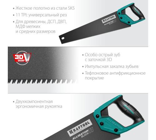 KRAFTOOL Alligator Black 11, 450 мм, ножовка для точного реза (15205-45)