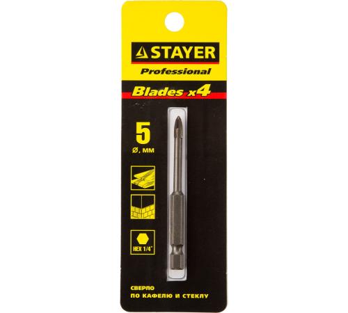 STAYER 5 мм, 4х кромка, HEX 1/4, Сверло по стеклу и кафелю (2985-05)