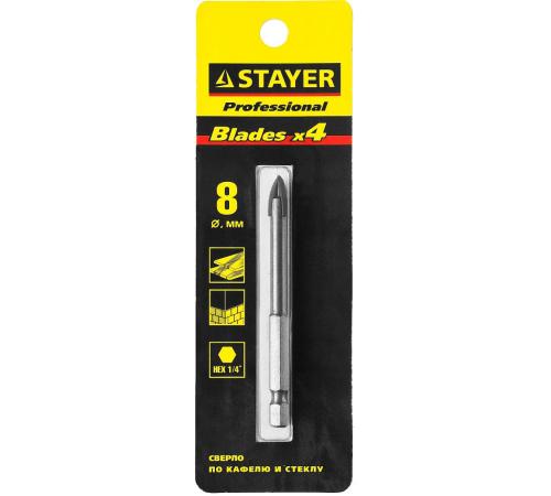 STAYER 8 мм, 4х кромка, HEX 1/4, Сверло по стеклу и кафелю (2985-08)