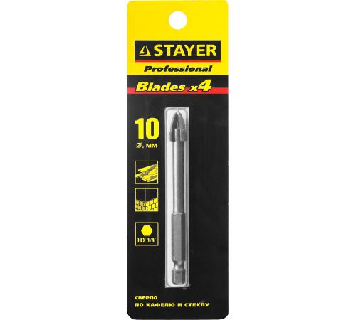 STAYER 10 мм, 4х кромка, HEX 1/4, Сверло по стеклу и кафелю (2985-10)