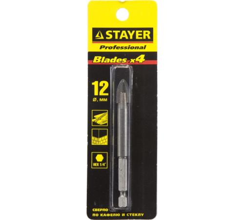 STAYER 12 мм, 4х кромка, HEX 1/4, Сверло по стеклу и кафелю (2985-12)