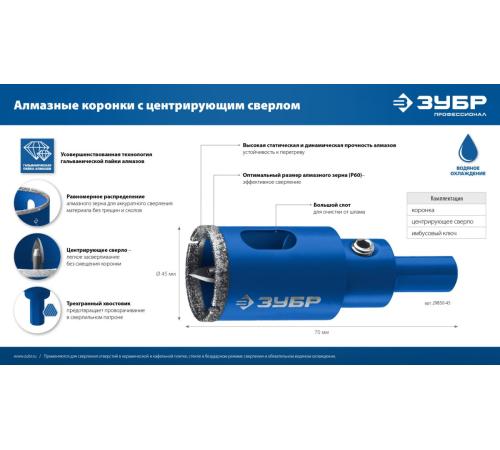ЗУБР АГК, d 90 мм, (центр. сверло, трехгр. хвост, Р60), алмазная коронка, Профессионал (29850-90)