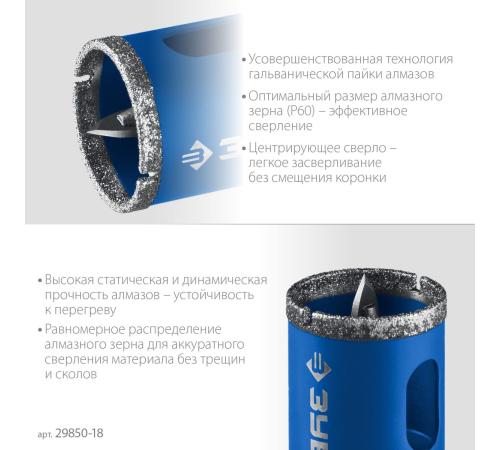 ЗУБР АГК, d 18 мм, (центр. сверло, трехгр. хвост, Р60), алмазная коронка, Профессионал (29850-18)
