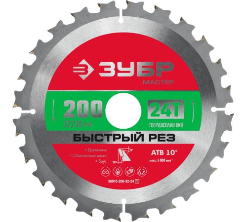 ЗУБР Быстрый рез, 200 x 32/30 мм, 24Т, пильный диск по дереву (36910-200-32-24)
