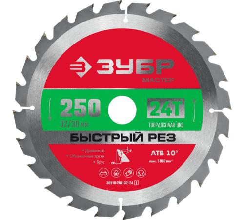 ЗУБР Быстрый рез, 250 x 32/30 мм, 24Т, пильный диск по дереву (36910-250-32-24)