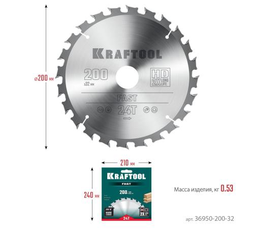 KRAFTOOL Fast, 200 х 32 мм, 24Т, пильный диск по дереву (36950-200-32)