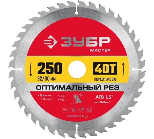 ЗУБР Оптимальный рез, 250 x 32/30 мм, 40Т, пильный диск по дереву (36912-250-32-40)