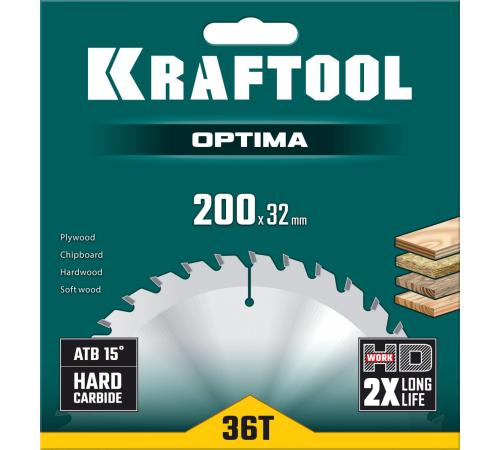 KRAFTOOL Optima, 200 х 32 мм, 36Т, пильный диск по дереву (36951-200-32)