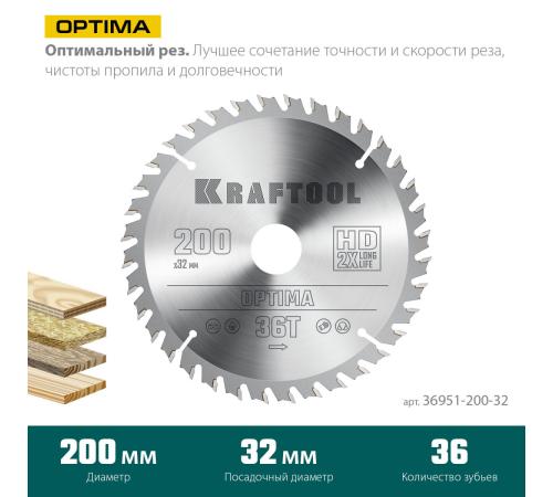 KRAFTOOL Optima, 200 х 32 мм, 36Т, пильный диск по дереву (36951-200-32)