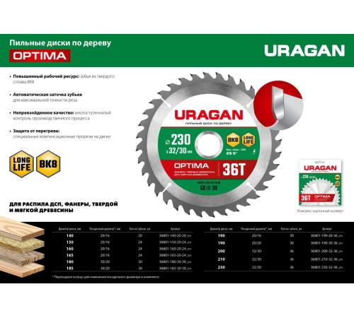 URAGAN Optima, 190 х 30/20 мм, 36Т, пильный диск по дереву (36801-190-30-36)