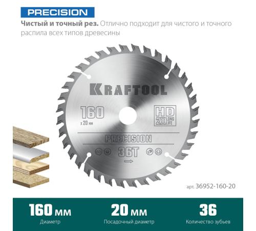 KRAFTOOL Precision, 160 х 20 мм, 36Т, пильный диск по дереву (36952-160-20)