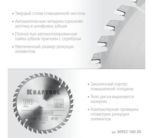 KRAFTOOL Precision, 160 х 20 мм, 36Т, пильный диск по дереву (36952-160-20)