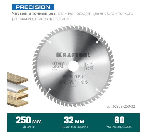 KRAFTOOL Precision, 250 х 32 мм, 60Т, пильный диск по дереву (36952-250-32)