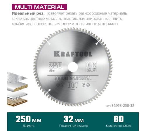 KRAFTOOL Multi Material, 250 х 32 мм, 80Т, пильный диск по алюминию (36953-250-32)