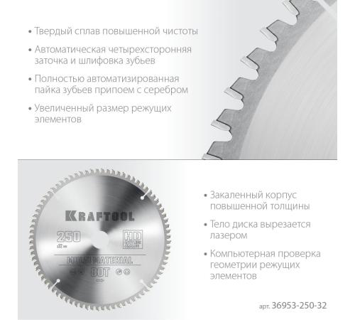 KRAFTOOL Multi Material, 250 х 32 мм, 80Т, пильный диск по алюминию (36953-250-32)