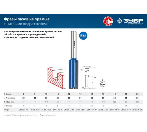ЗУБР 20 x 60 мм, хвостовик 12 мм, фреза пазовая прямая с нижними подрезателями, Профессионал (28755-20-60)