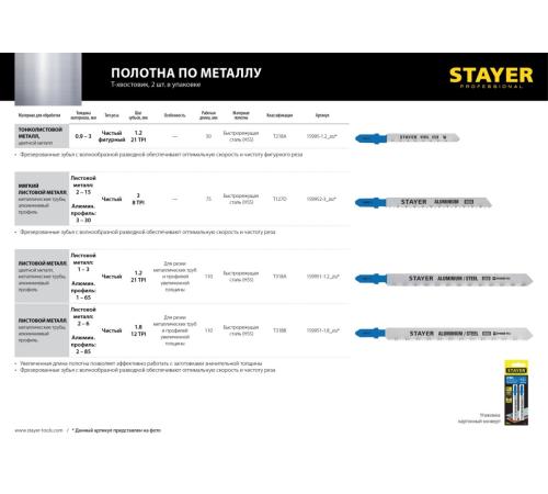 STAYER T127D, T-хвост., HSS сталь, по мягкому металлу толщиной 2-15 мм, шаг зуба 3 мм (8TPI), раб. длина 75 мм, 2 шт, полотна для лобзика (159952-3)