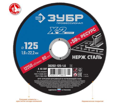 ЗУБР 125 x 1.6 x 22.2 мм, круг отрезной по нержавеющей стали, Профессионал (36202-125-1.6)