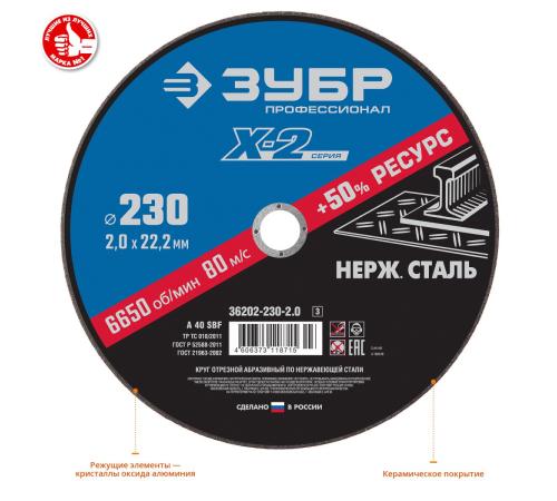 ЗУБР 230 x 2.0 x 22.2 мм, круг отрезной по нержавеющей стали, Профессионал (36202-230-2.0)
