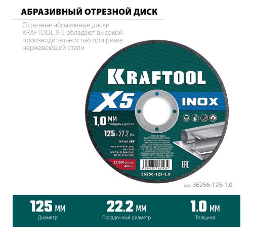 KRAFTOOL X5 INOX 125x1.0 мм по нерж. стали отрезной диск для УШМ (36256-125-1.0)