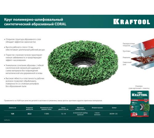 KRAFTOOL 125 х 22.2 мм, диск полимерно-шлифовальный синтетический коралловый (36599-125)
