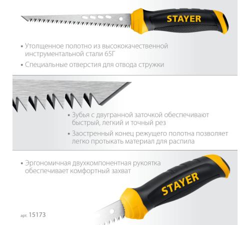 STAYER 160 мм, выкружная ножовка по гипсокартону, Professional (15173)