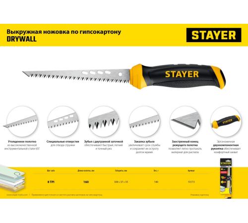STAYER 160 мм, выкружная ножовка по гипсокартону, Professional (15173)