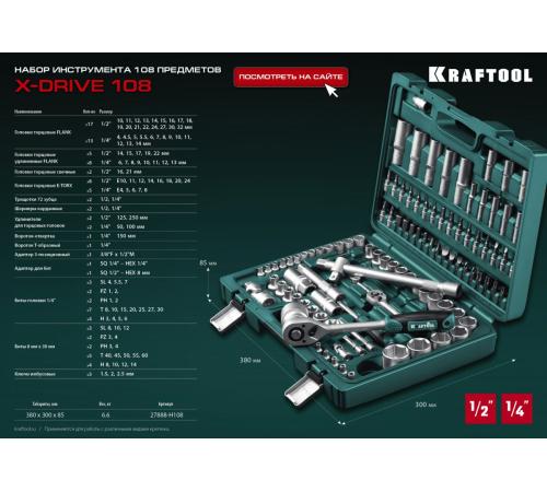 KRAFTOOL X-Drive 108, 108 предм., (1/2″+3/8″+1/4″), универсальный набор инструмента (27888-H108)