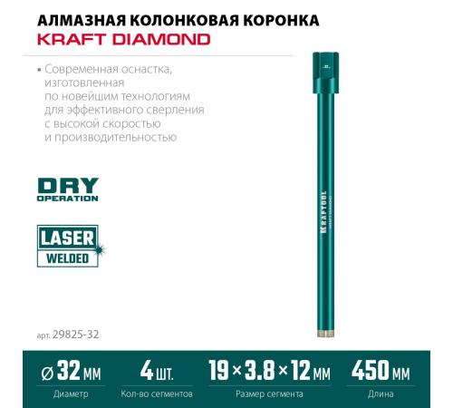 KRAFTOOL DIAMOND 32 мм (450 мм, 1 1/4″, лазерная сварка сегментов), Алмазная Коронка по железобетону (29825-032)