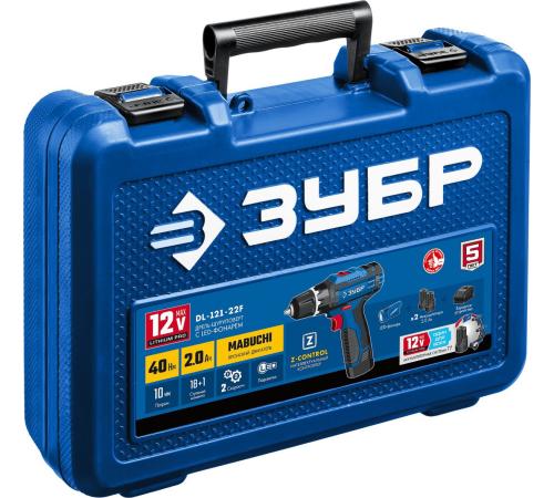 ЗУБР 12 В, 40 Н·м, 2 АКБ тип Т7 (2 А·ч), дрель-шуруповерт + LED фонарь, кейс, Профессионал (DL-121-22F)