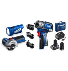 ЗУБР КОМБИ #5 набор: дрель-шуруповерт + мини УШМ + LED фонарь, BRUSHLESS, 12 В, 45 Н·м, 2 АКБ тип Т7 (4 и 2 А·ч), кейс, Профессионал (DB-125-42ABF)